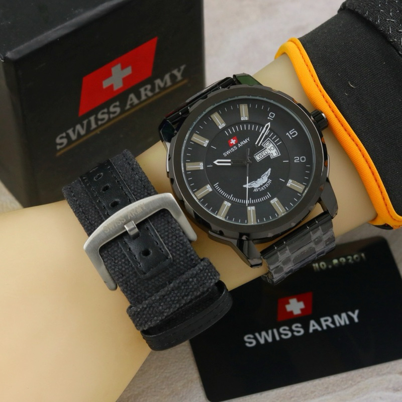 ( BISA COD ) Jam Tangan Pria SWISS Aviation Super Rantai Stainless Steel Tanggal Hari Aktif Free Tal