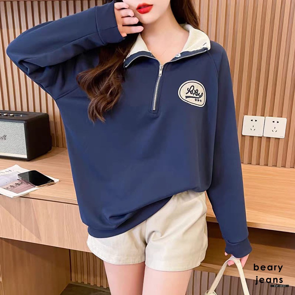 BEARY JEANS BJ168 | Vintage Polo Sweater Hoodie Oversize Wanita Pria 2023 Lengan Panjang Sweatershir