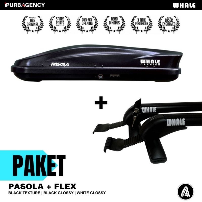 Paket Roof box Whale Pasola + Sport rack Flex Jepit body: Universal