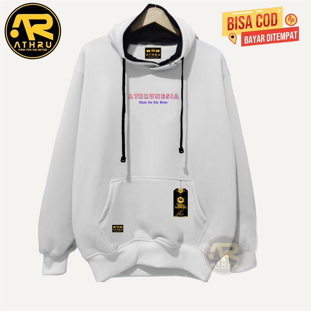 Switer Hudie Pria Wanita Warna Putih Sablon Athrunesia Sweater Hoodie Cowok Cewek Oblong Unisex Ori