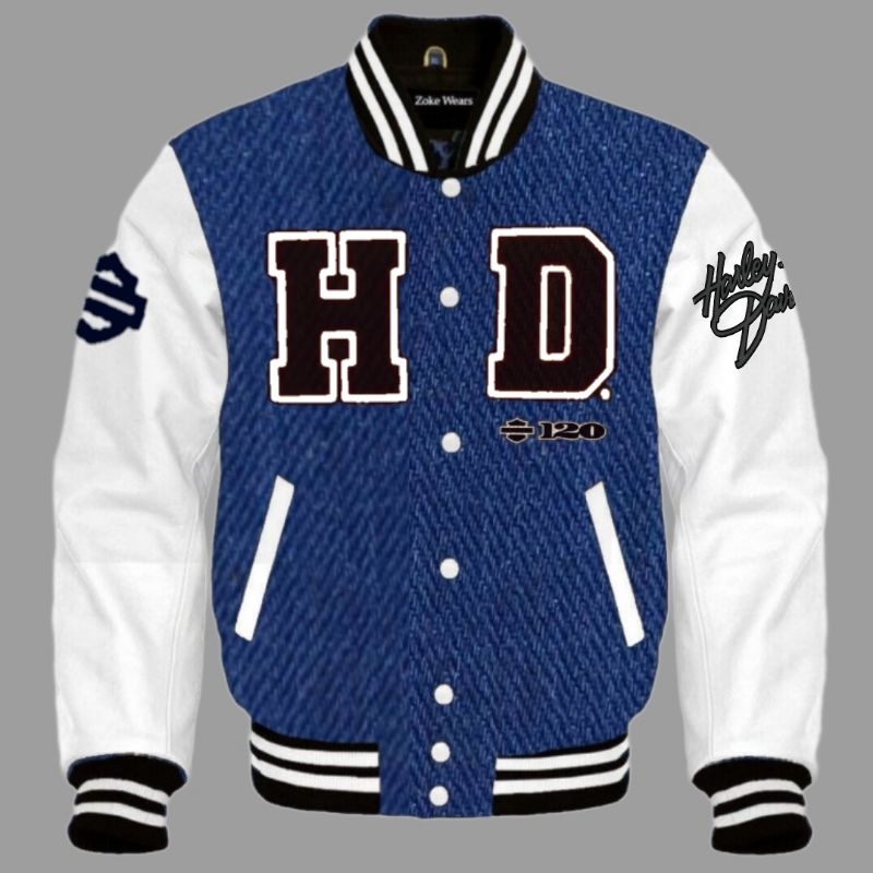 JAKET VARSITY HARLEY DAVIDSON KULIT ASLI KOMBINASI DENIM BIRU JEANS KULIT