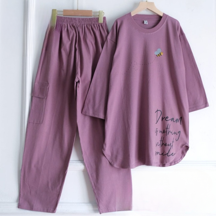 Setelan Cargo Wanita Jumbo Dream Set BO Bahan Kaos Katun Combed 24S Aplikasi Sablon Size M L XL XXL 