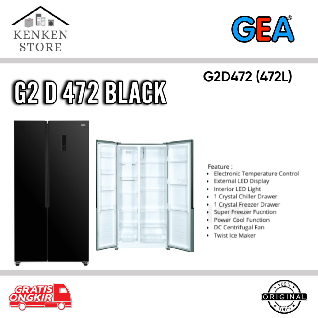 KULKAS GEA SIDE BY SIDE  2 PINTU G2D472 BLACK GLASS INVERTER 472L SIDE BY SIDE GEA 2 PINTU