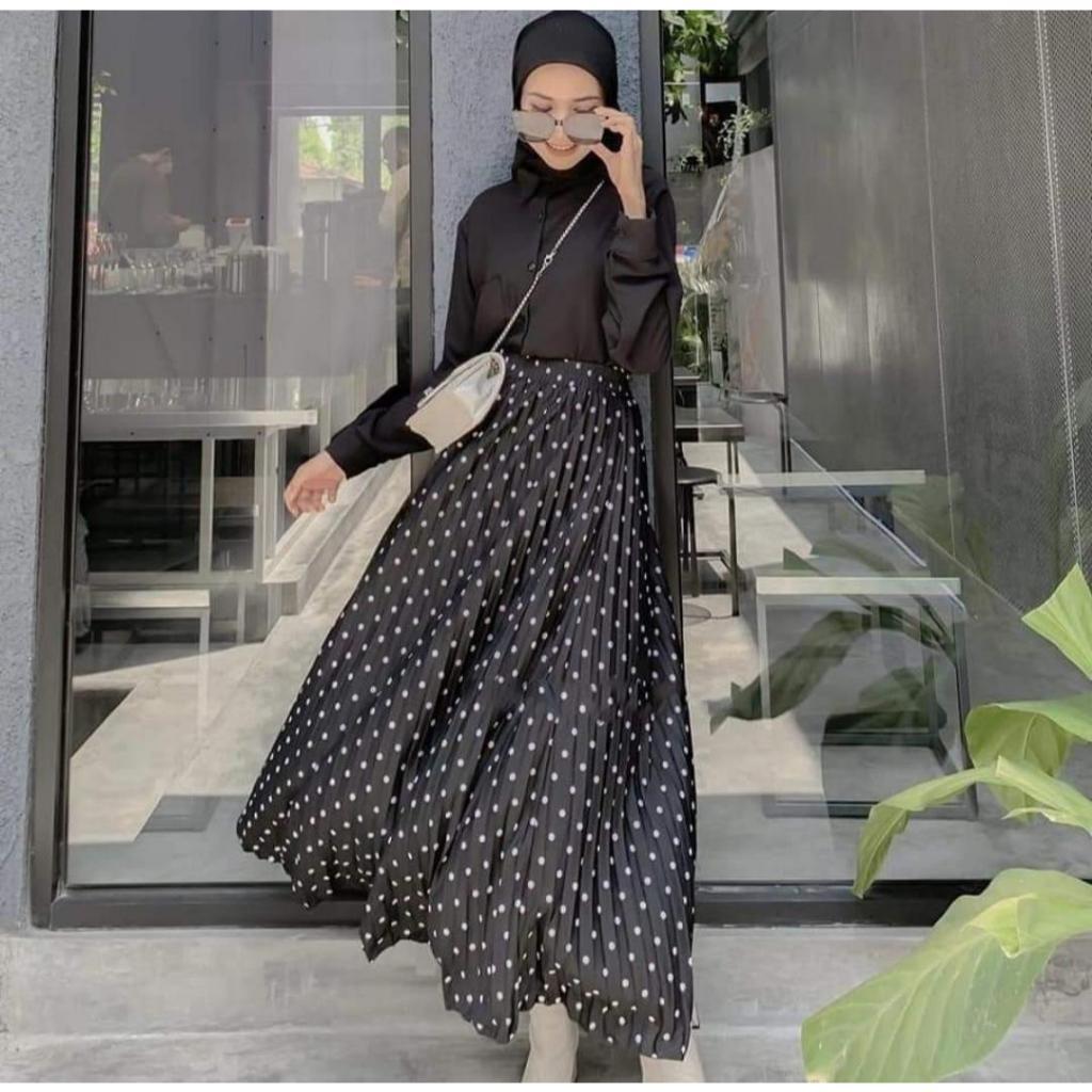 Rok Plisket Hyget Super Premium/Rok Plisket Wanita/Rok Panjang Muslim/Rok Mayung HITAM MOTIF POLKADO