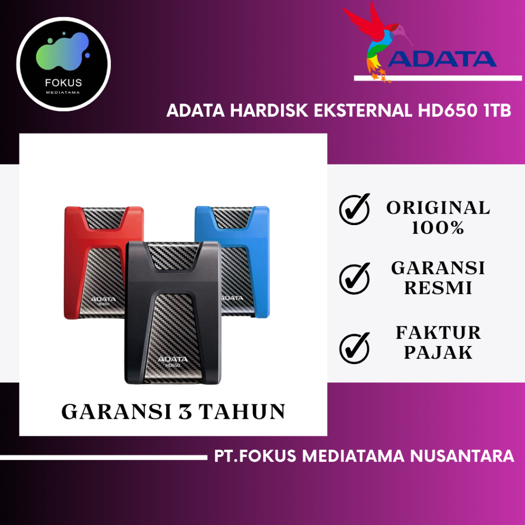 Adata HD650 1TB 2.5" HDD Hardisk Eksternal External Antishock USB 3.1