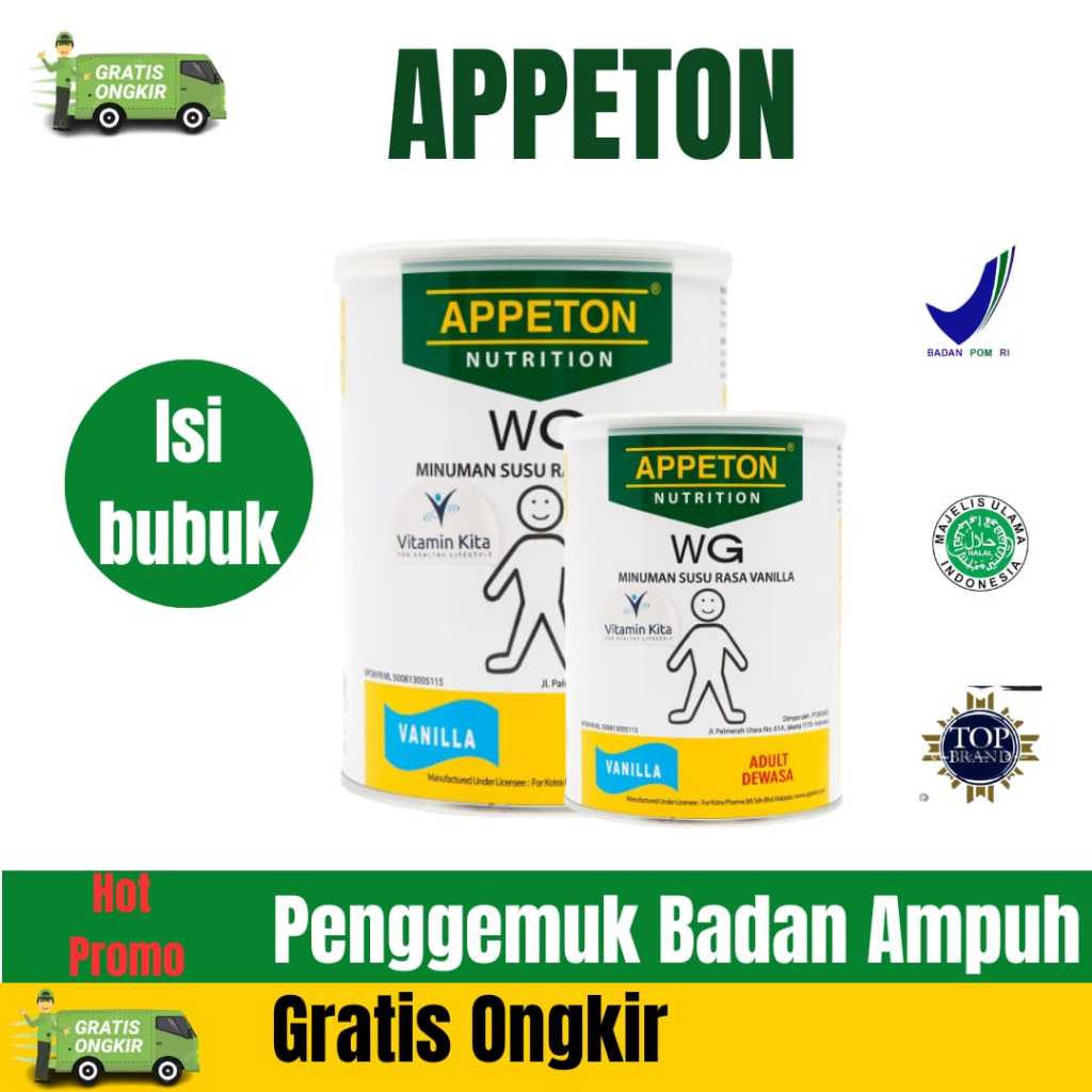 

PROMO!!! APPETON susu penggemuk rasa vanilla dan coklat mampu menambah berat badan hingga 5kg dalam 1 minggu tersedia paket minum 1 minggu yang harga nya di jamin ekonomis, cocok untuk kantong Pelajar dan Mahasiswa