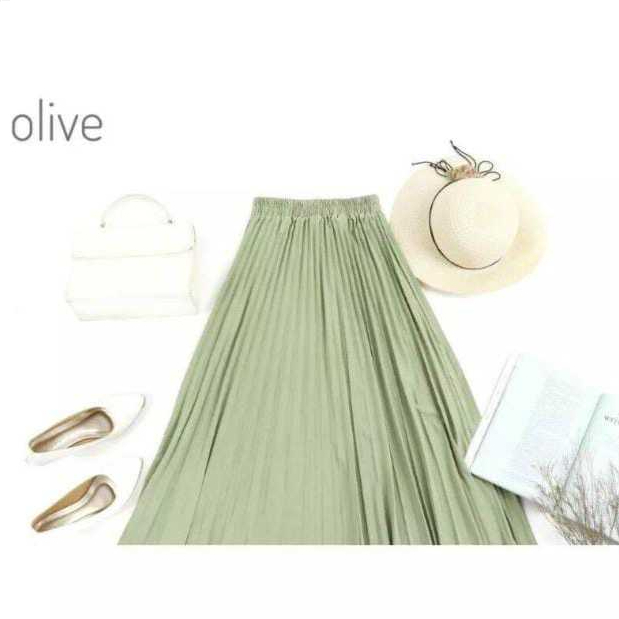 Rok Plisket Hyget Super Premium/Rok Plisket Wanita/Rok Panjang Muslim/Rok Mayung OLIVE