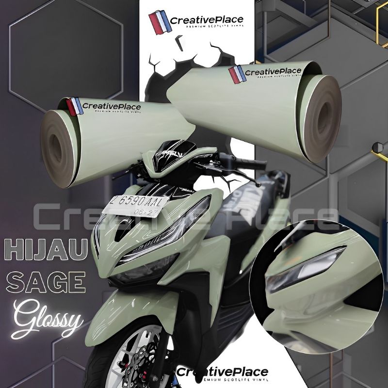 sticker skotlet motor hijau sage glossy premium / scotlite hijau pastel mengkilat / skotlet hijau sa