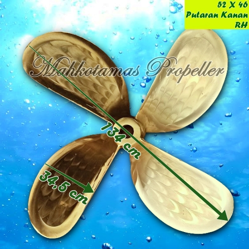 Propeller kapal kuningan 4 Daun Panjang ukuran 52 x 46 RH (Putaran Kanan) Mahkota Mas