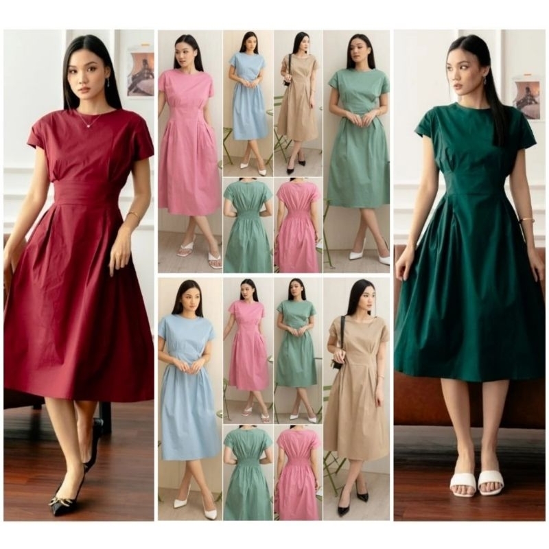 Midi Dress Poplin Stretch Polos dengan Kantong - Hitam