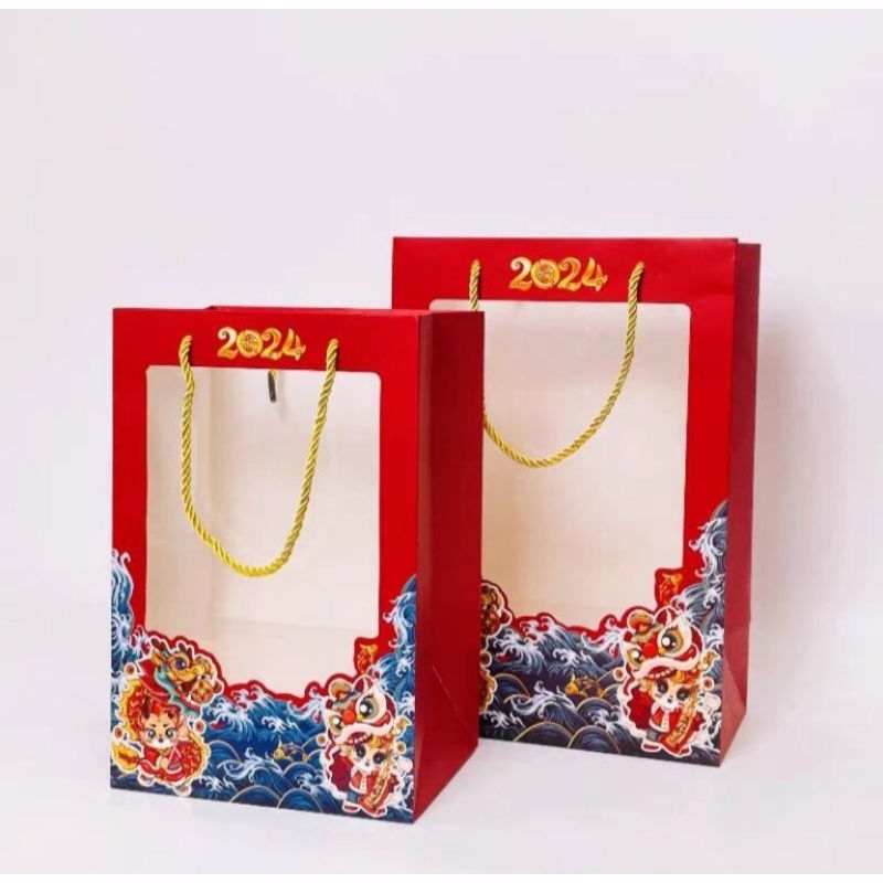 

paper bag imlek tahun naga 2024 mika window muat toples packaging kue kering tebal mewah
