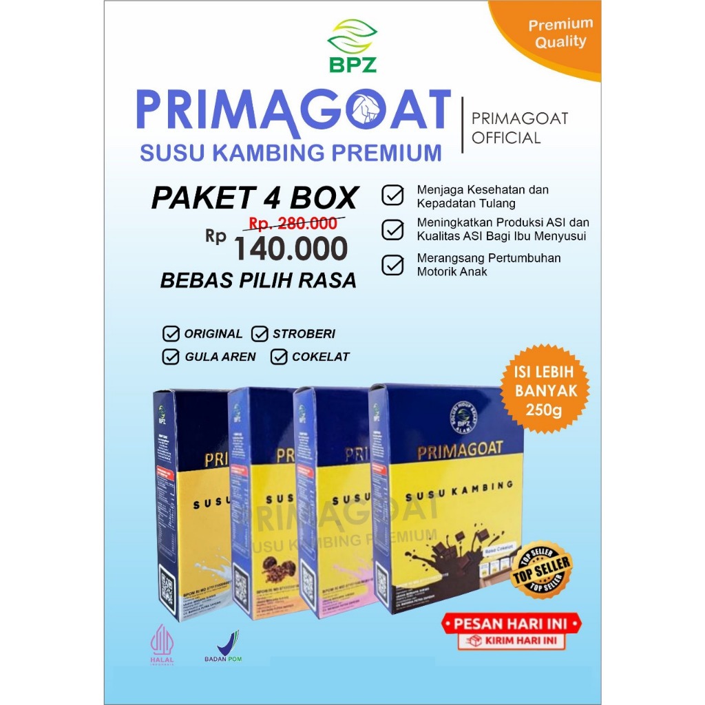 

Susu Kambing Etawa Asli Atasi Nyeri Sendi, Asam Urat dan Kesehatan Pernafasan Paket 4 Box Primagoat Varian Rasa Cokelat, Stroberi, Gula Aren, Original