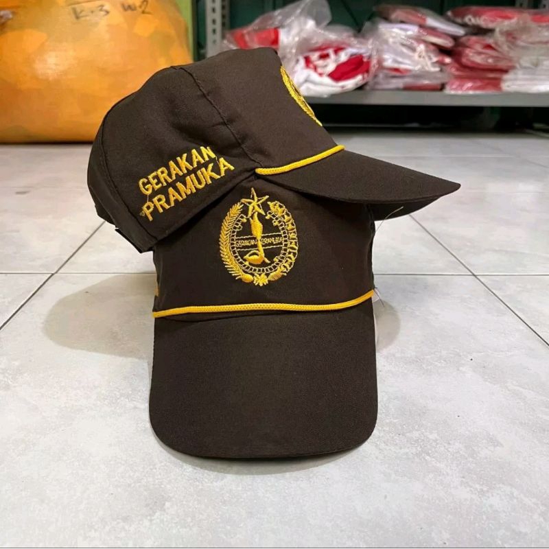 Topi Gerakan pramuka / topi pramuka lis kuning bordir