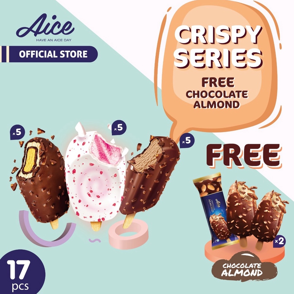 

PROMO ALE Paket Aice Ice Cream Crispy series free Chocolate Almond isi 17 pcs