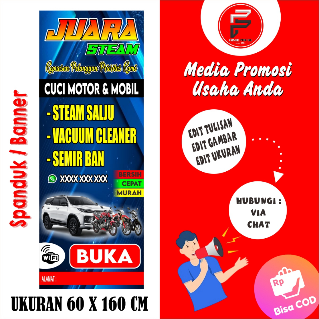 Banner Cuci Motor / Banner Cuci Mobil / Banner Ukuran 60 x 160 cm