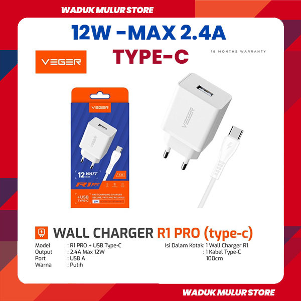 CHARGER VEGER R1 PRO 12W 2.4A with Kabel TYPE C ORIGINAL GARANSI RESMI 1 TAHUN For Samsung Infinix X