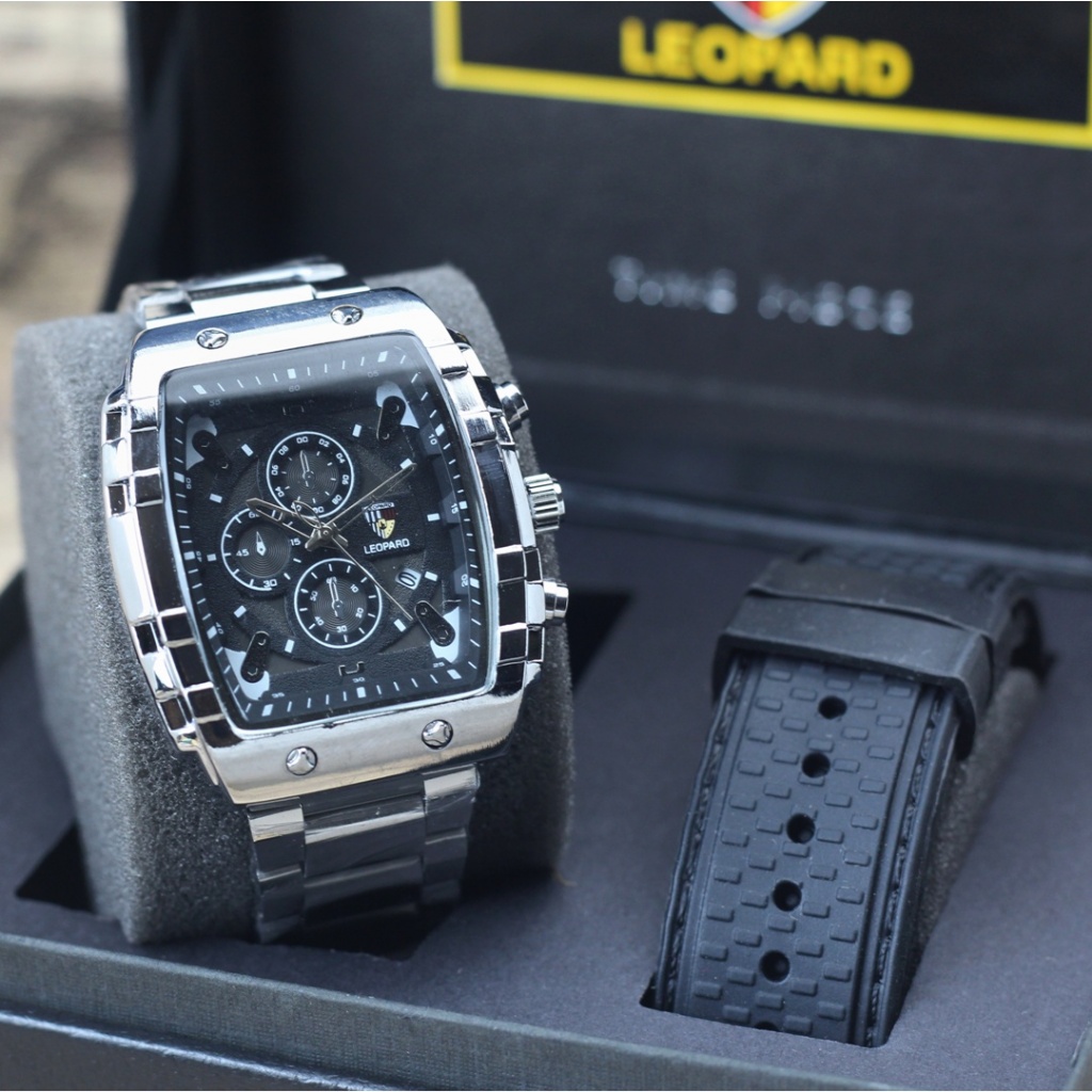 Jam tangan Leopard 8018M tali rantai tanggal aktif chronograp off analog free tali karet original pr