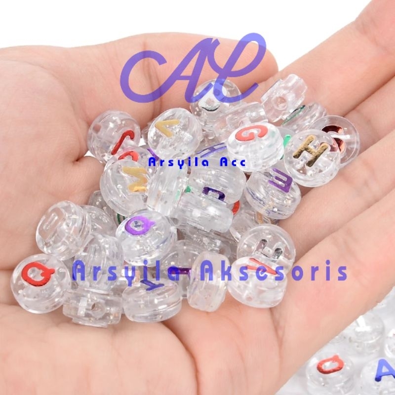 Manik Manik Huruf Gliter Bulat 50 Pcs Transparan Mote Huruf Abjad Uk 10mm Bahan Kerajinan DIY