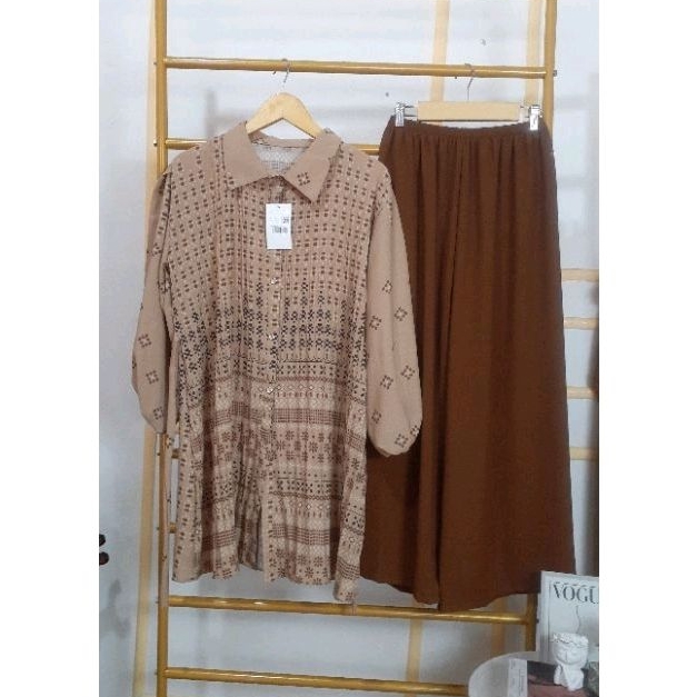 One set Wanita setelan tunik plisket kulot setelan wanita