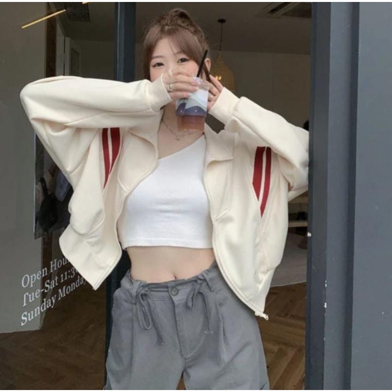 Sweater Jaket Oversize Crop Wanita Jacket Red List Croope Jacket Ziper Lucu Style Korea Fashion rema