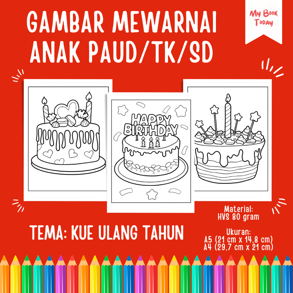 [My Book Today] Lembar Kertas Sketsa Gambar Mewarnai untuk Anak Sekolah PAUD TK SD Tema Kue Ulang Ta