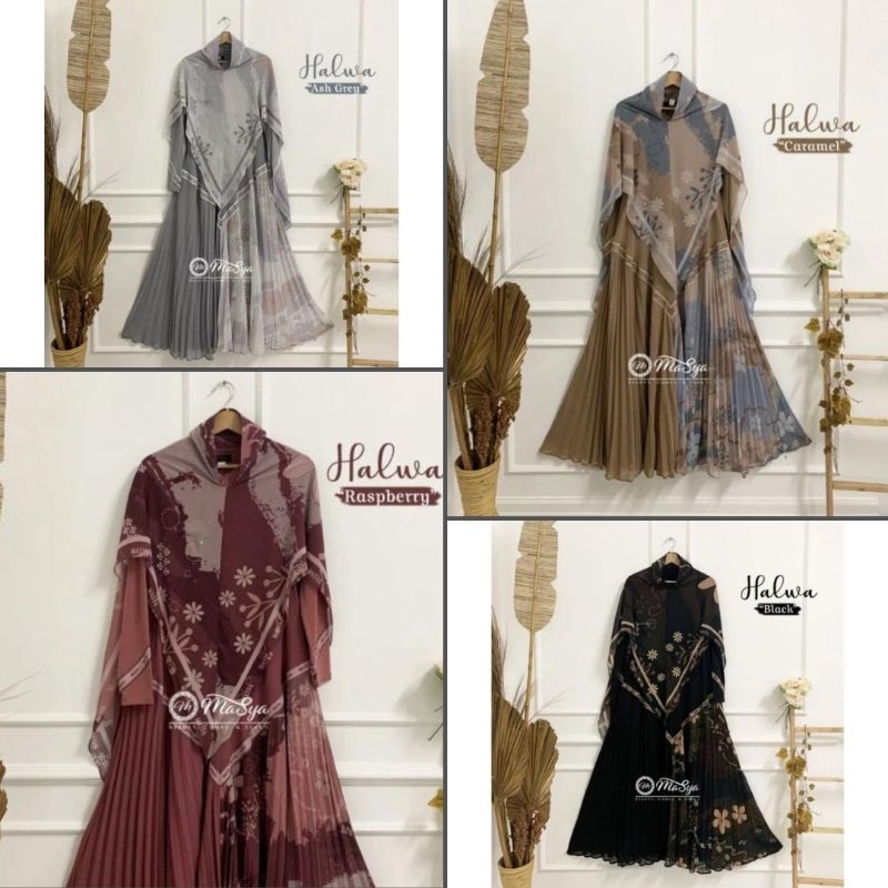 Set Gamis Dress Ceruty Babydoll Printing Premium Syari Branded Merah Maroon - Pink - Abu - Coklat Su