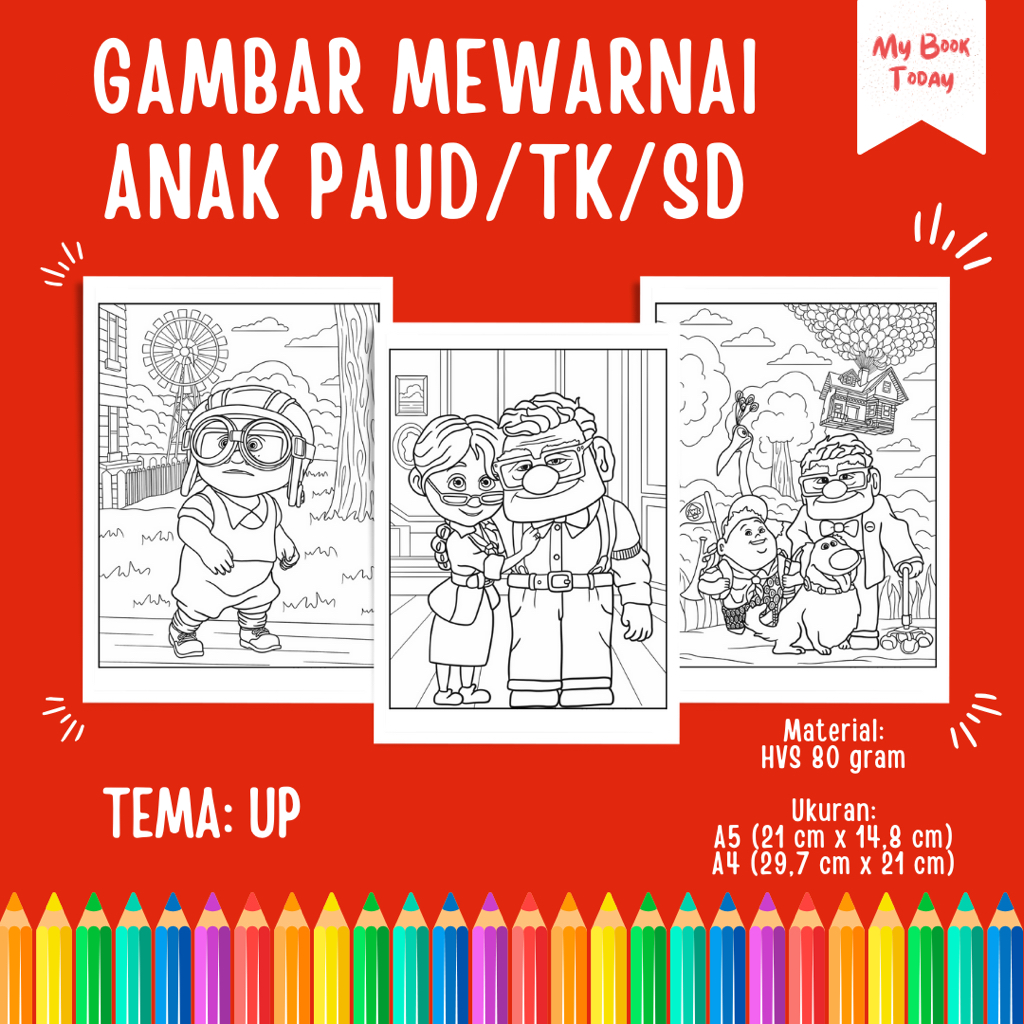 

[My Book Today] Lembar Kertas Sketsa Gambar Mewarnai untuk Anak Sekolah PAUD TK SD Tema Up