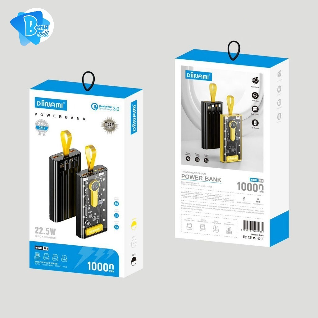 DIINAMI A88 POWERBANK 10000MAH FAST CHARGING FULLY COMPATIBLE TRANSPARENT MODEL WITH LED BC5682