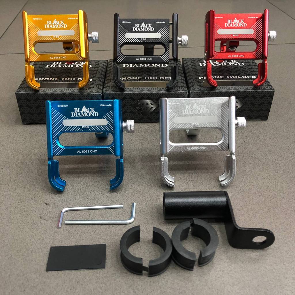 Phone Holder dudukan HP Motor Universal Black Diamond P30 Alumunium CNC Pasang di Stang / Spion Univ