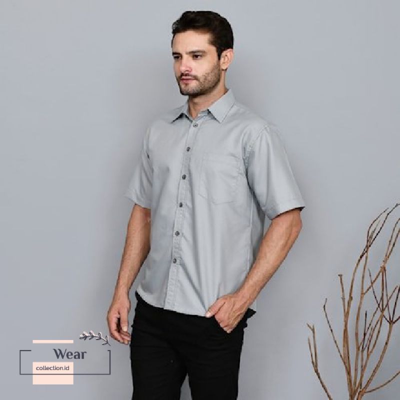 kemeja polos Pria lengan pendek silver