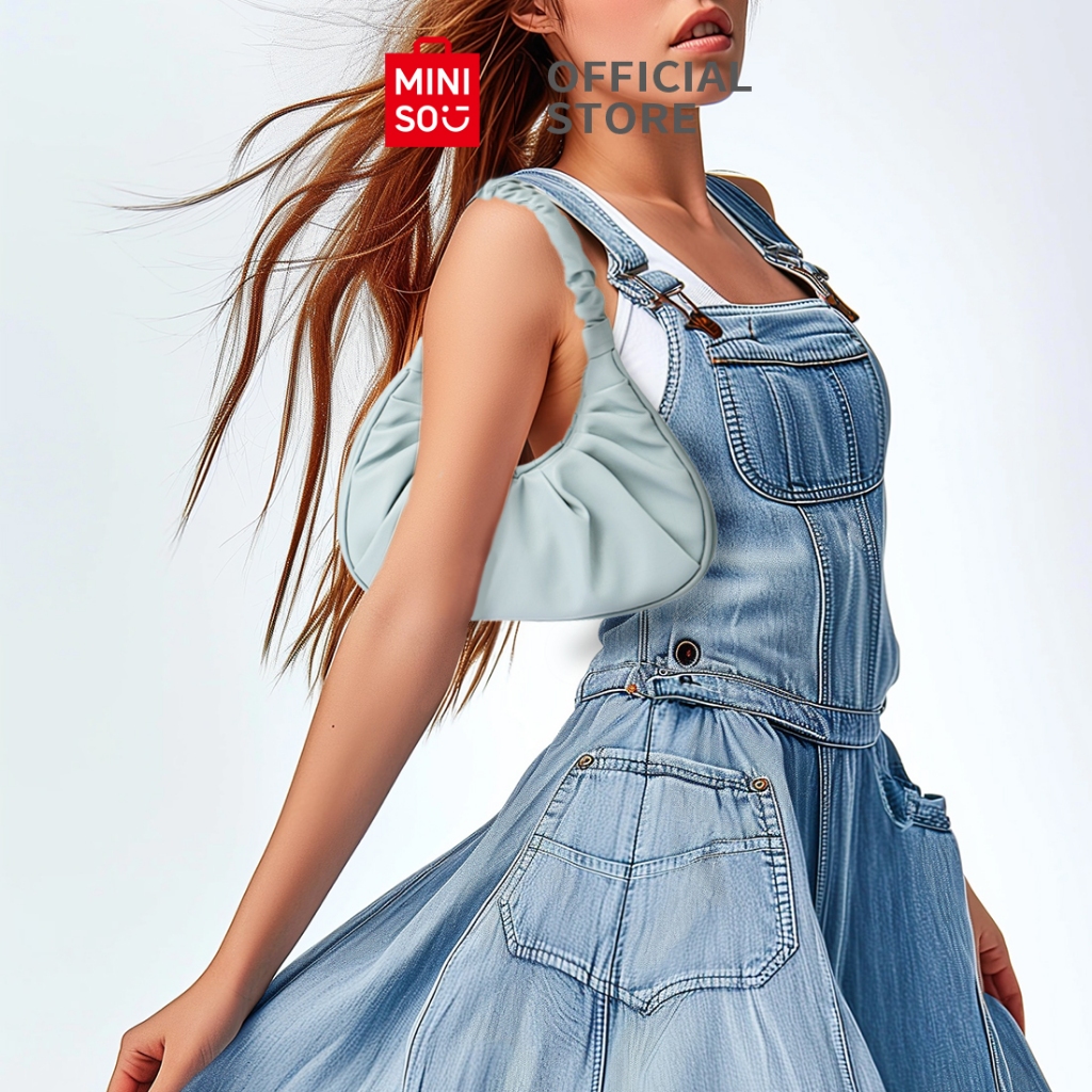 Miniso Tas Bahu Wanita Tas Lipit Di Bagian Bawah PVC lembut Fashion Shoulder Bag Casual Business Tas