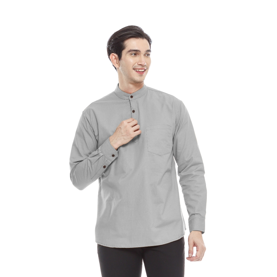 Outskirts - Kemeja Koko Grey Abu-abu Pria Lengan Panjang Slimfit