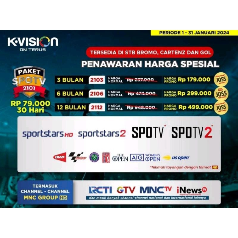 K-Vision Paket Spotv Bromo Cartenz Gol 30 Hari