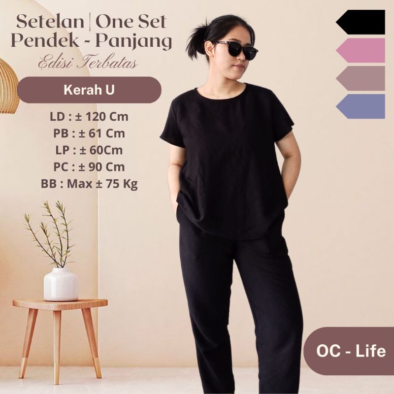 One Set Panjang Pendek All Size - Jumbo Wanita Polo Linen Premium | Setelan Baju Tidur Wanita LD 120