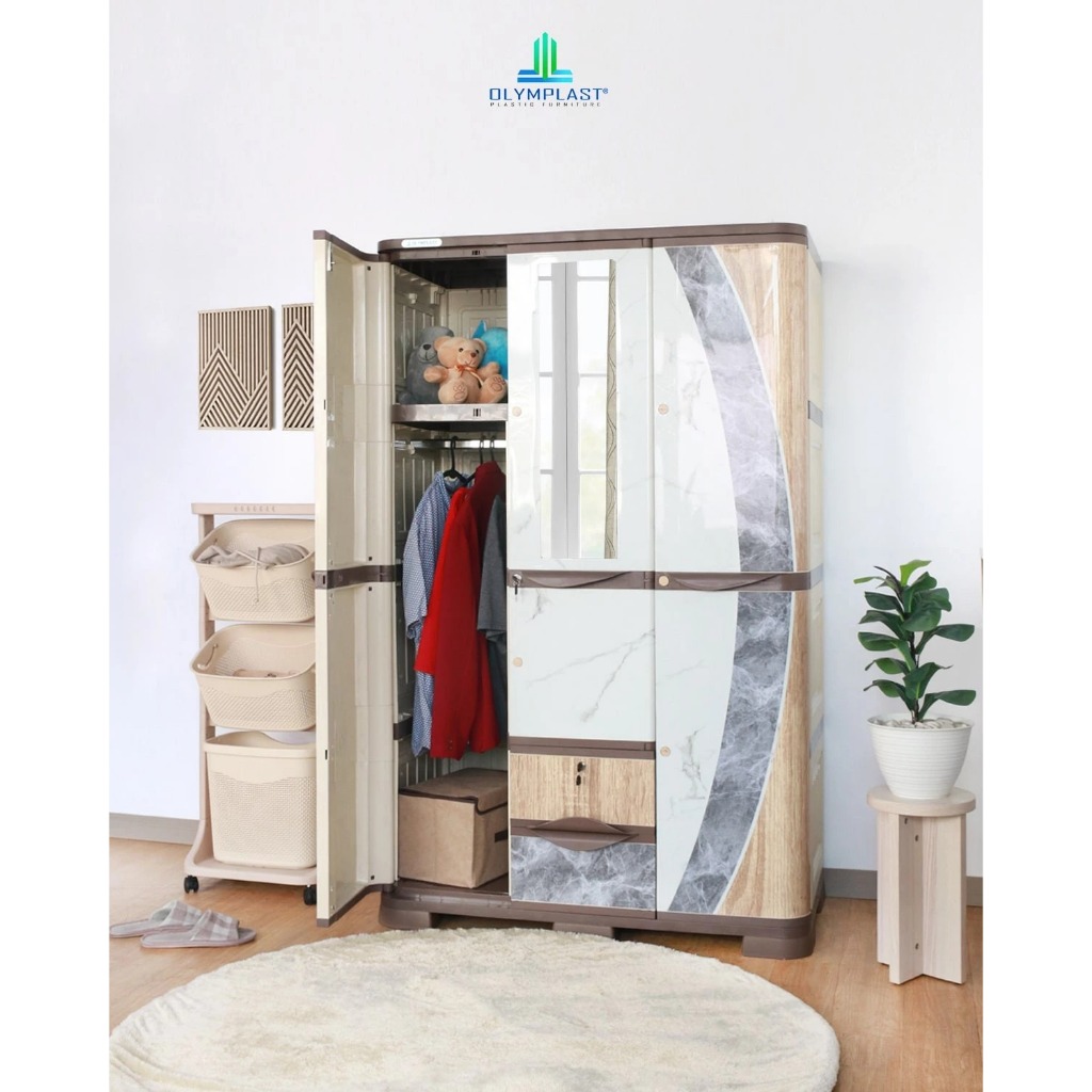 LEMARI PLASTIK 3 & 2 PINTU MINIMALIS AESTHETIC OLYMPLAST RAK KACA GANTUNG SCOC MARBLE