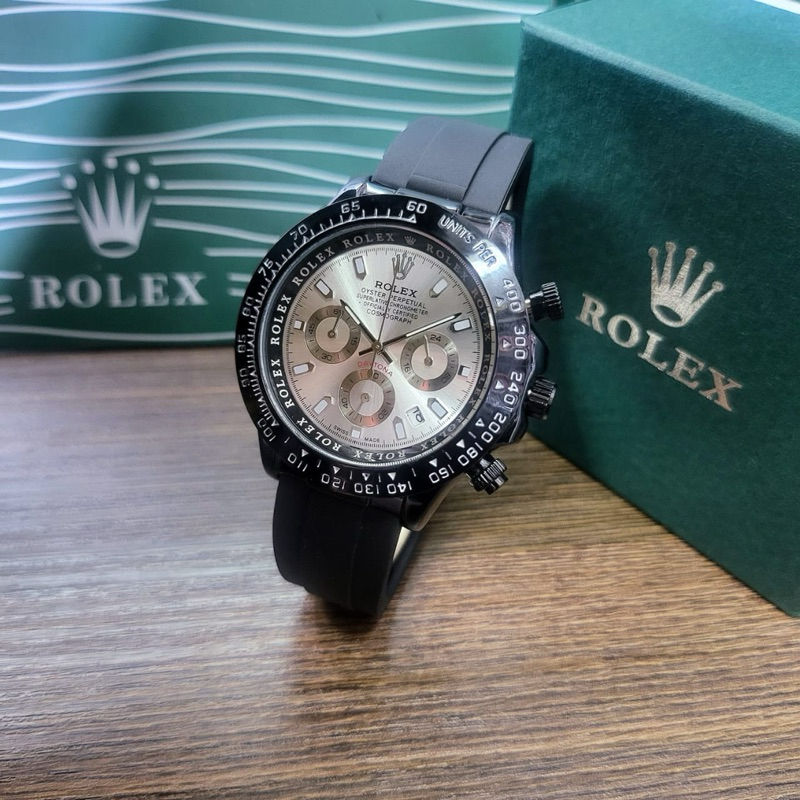 ( BISA COD ) Jam Tangan Pria ROLEX Daytona Oyster Rubber Tali Karet Chrono Tanggal Aktif Jam Tangan 