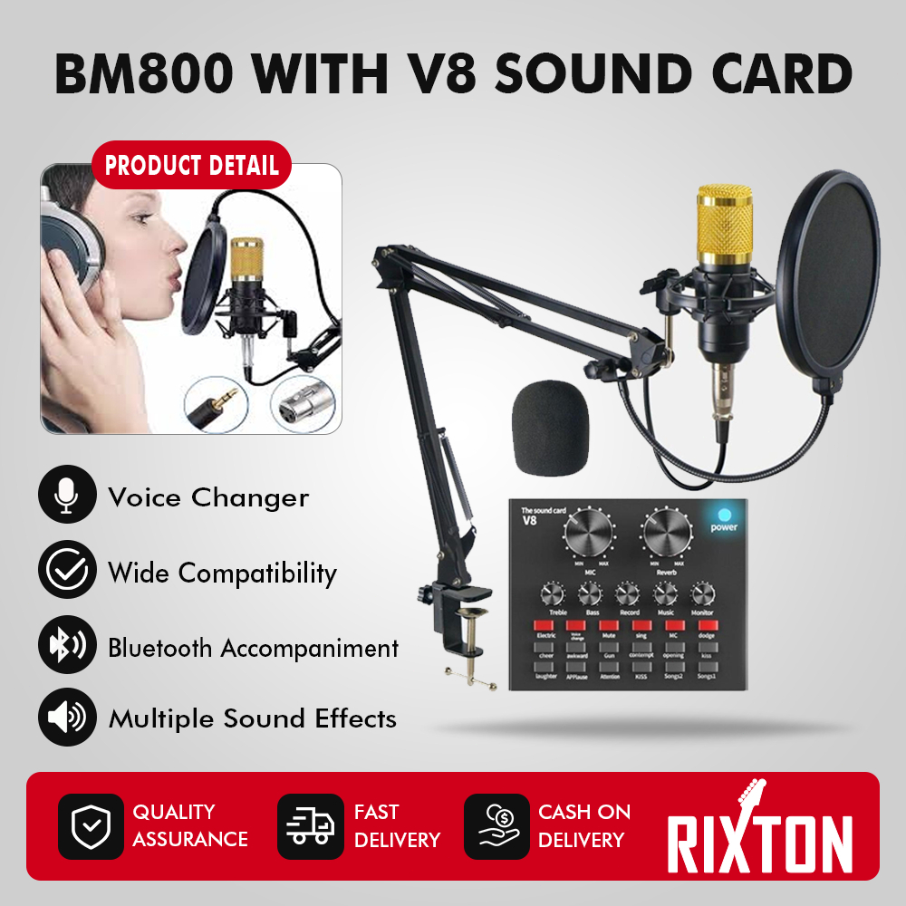 RIXTON Bm-800 Microphone Full Set Condenser V8 Soundcard BM-800 Microphone Pop Filter