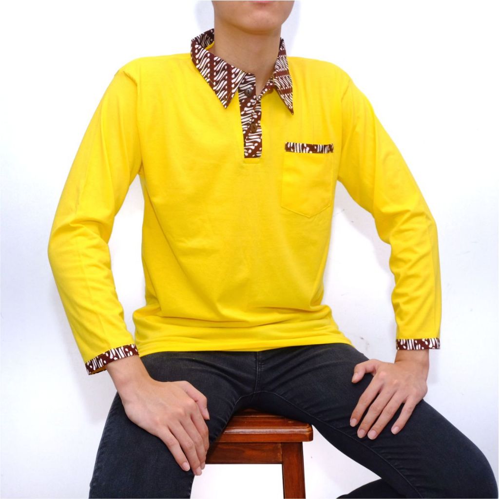 Kaos Krah Polo Batik Pria Lengan Panjang Warna Kuning Premium Sari