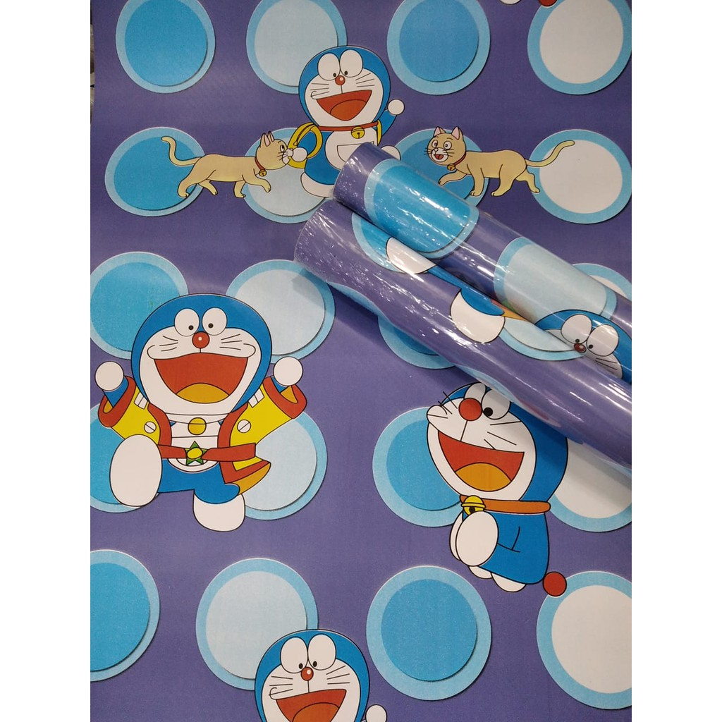 100% BERKUALITAS WALLPAPER DINDING STIKER KAMAR ANAK 45X8M MOTIF DORAEMON BULAT UNGU