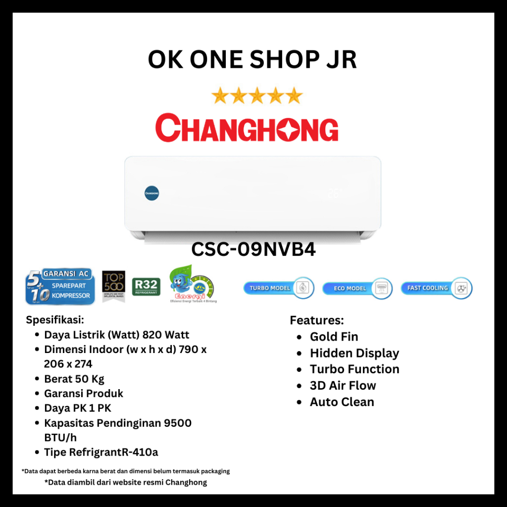 CHANGHONG AC Split 1 PK CSC-09NVB4 / CSC 09NVB4 Standard R32 (UNIT ONLY)