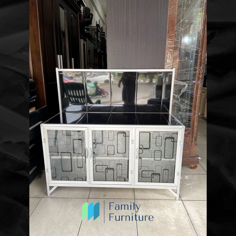 Lemari Rak Piring / Rak Kompor Minimalist 3 Pintu Meja Keramik Hitam Rata