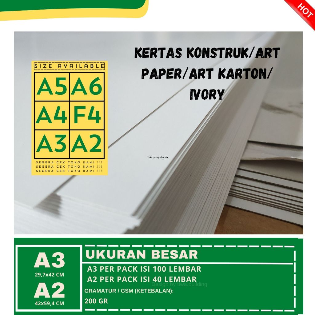 

KERTAS KONSTRUK/ART PAPER/ART KARTON/IVORY/KARTU TIK 120,150,190,210,230,260,310 GRAM PERPACK UKURAN BESAR A3&A2 ISI 40&100 LEMBAR