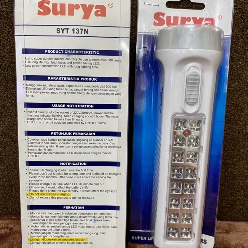 Surya Senter Lampu Emergency SYT 137N / SENTER LAMPU PUTIH TERANG /senter portable / lamp mati lampu