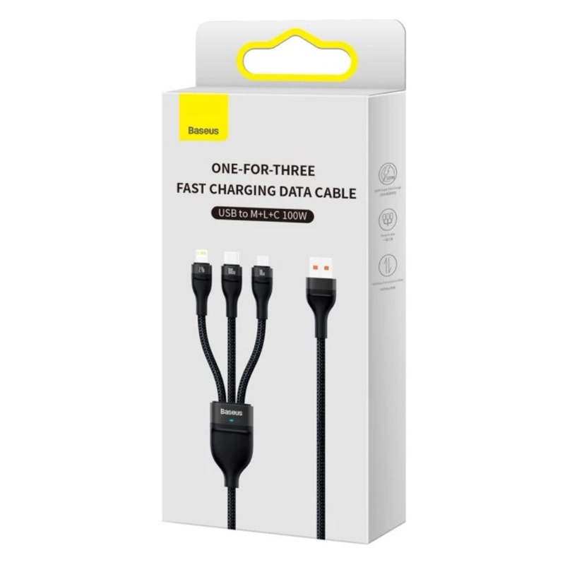 Baseus Flash Series || Kabel 3in1 USB To M + L + C 5A 100W 1.2m Baseus