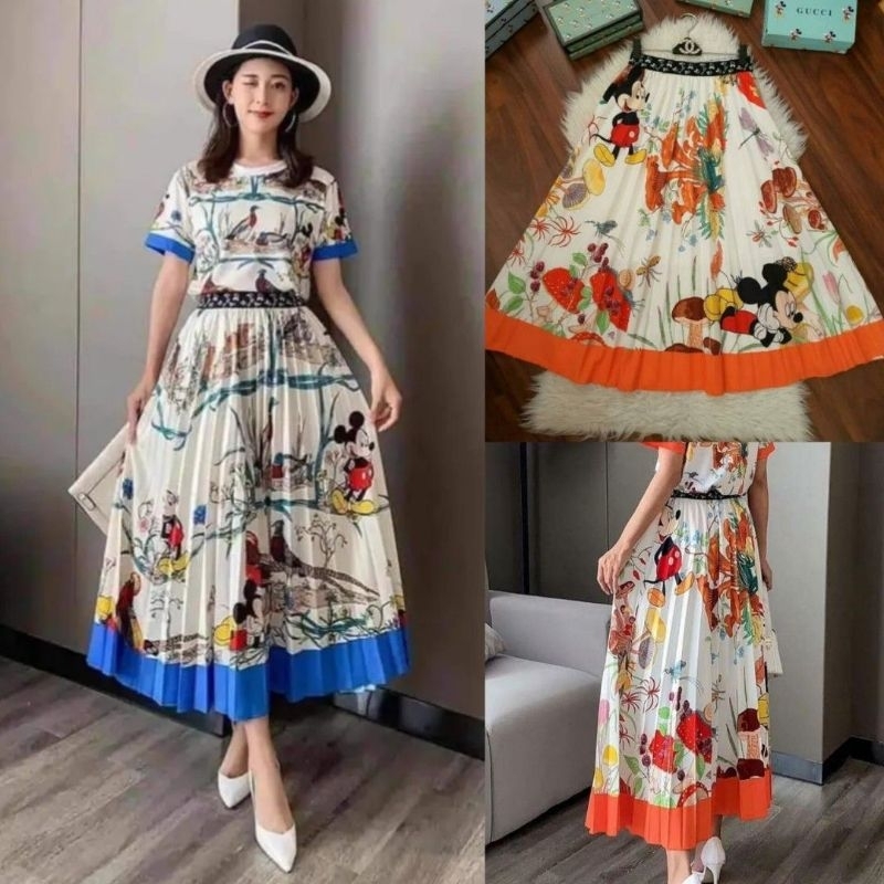 [IMPORT BKK] Pleated Long Skirt Glossy Silk Flare Disney Mickey Gucci Cartoon Floral Vintage Print P