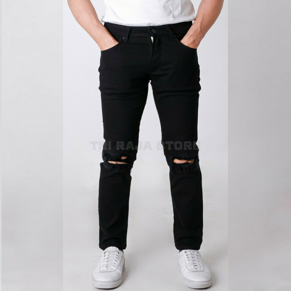 Celana Jeans Sobek Lutut Pria Slimfit Hitam Polos / Celana Sobek Ripped Jeans Pria Premium