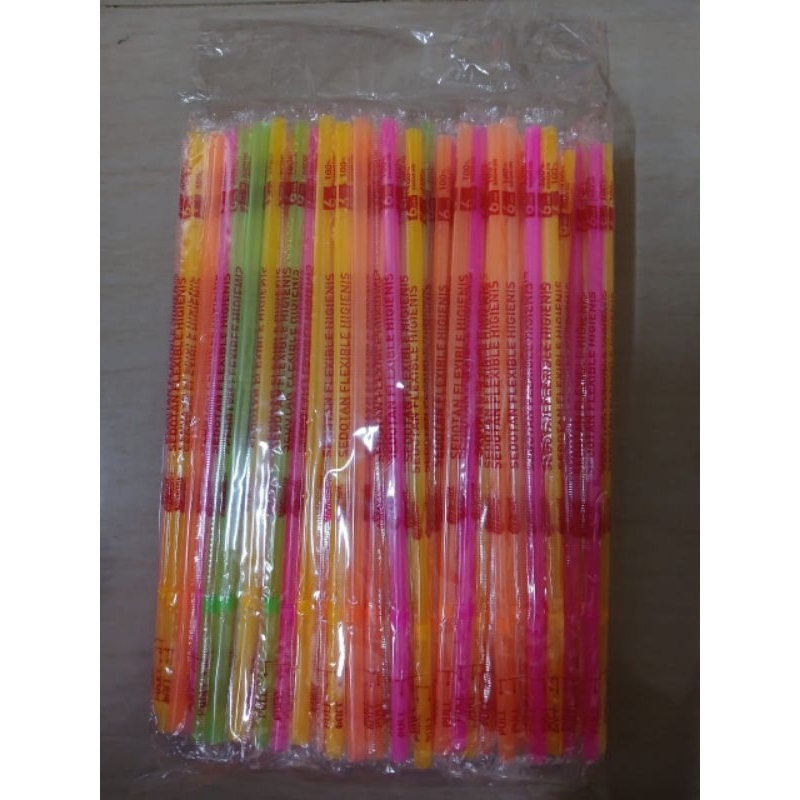 Sedotan STERIL NEON Bengkok Warna-Warni / Sedotan Steril Bungkus Plastik Tekuk ( isi 100 pcs )