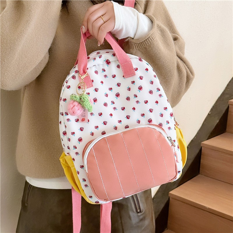 Tas Ransel Anak Stroberi Kanvas Baru Tas Sekolah TK Perempuan Ransel Orangtua-anak Perjalanan Santai