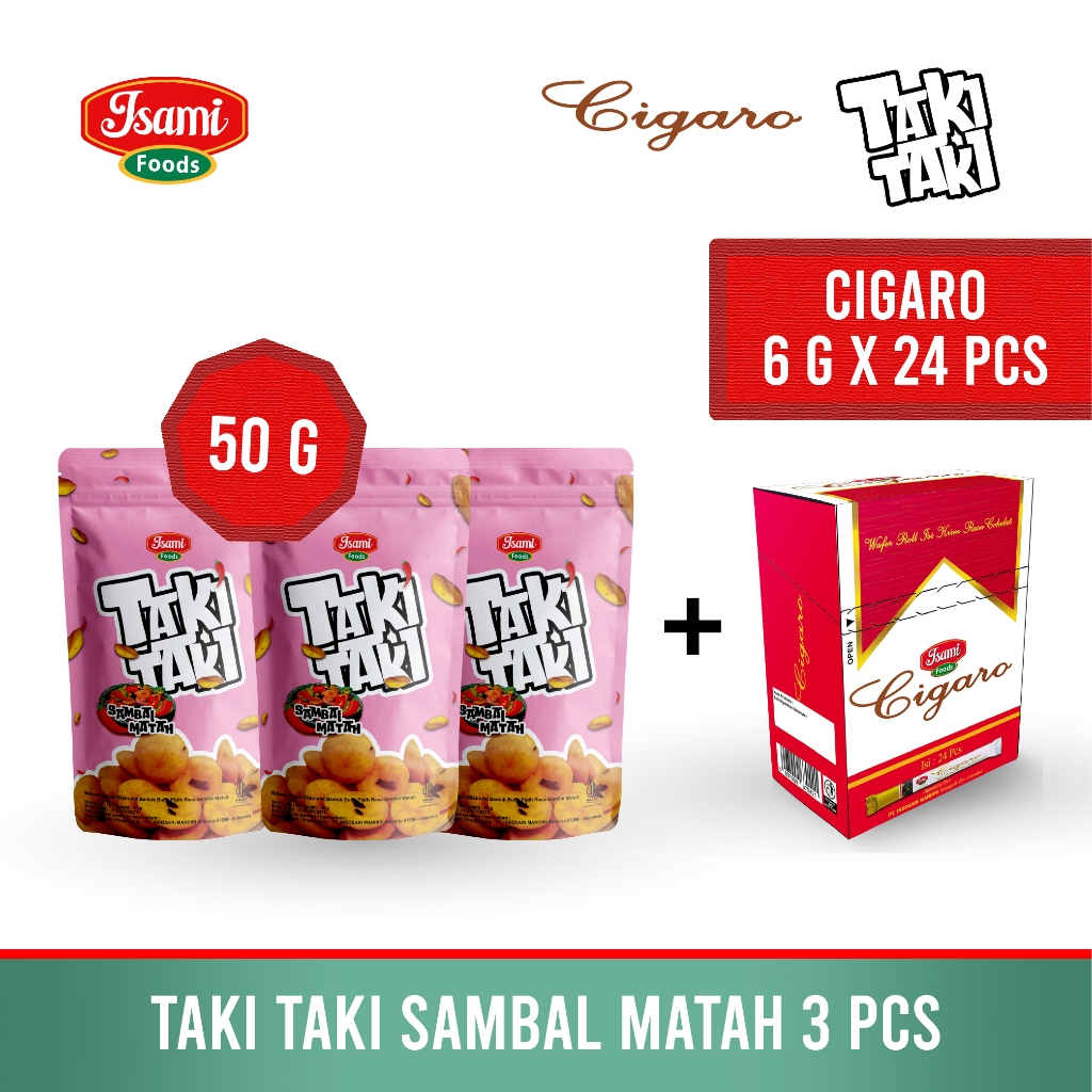 Paket Cemilan Murah (Taki Taki Sambal Matah 50 gr x 3 pcs + Cigaro Wafer Roll Isi Krim Cokelat 6 gr x 24 pcs)
