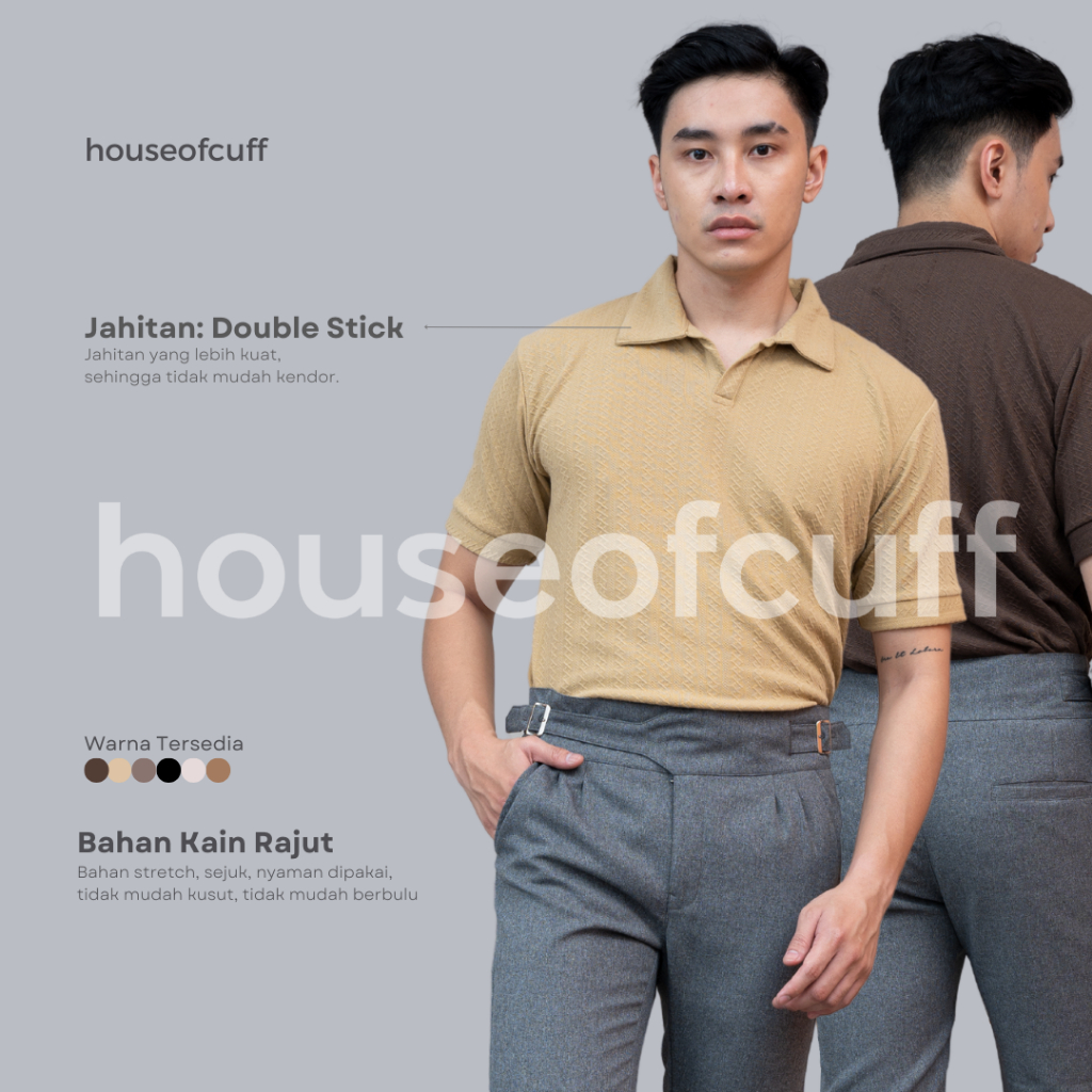 Houseofcuff Polo Shirt Rajut Stretch Lengan Pendek Pria Coklat Muda